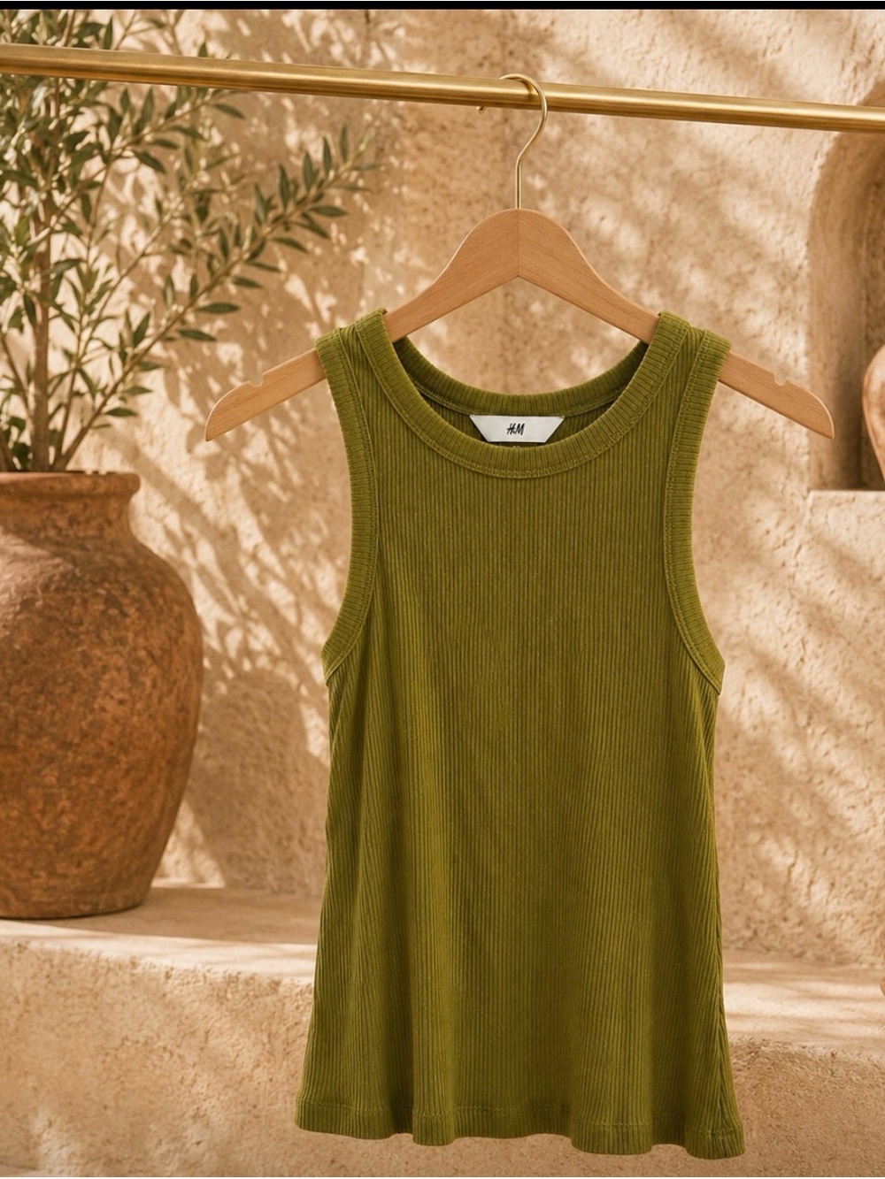 H&M Ribbed Olive Green Tank Top | Sleeveless Stretch Knit | Size XS